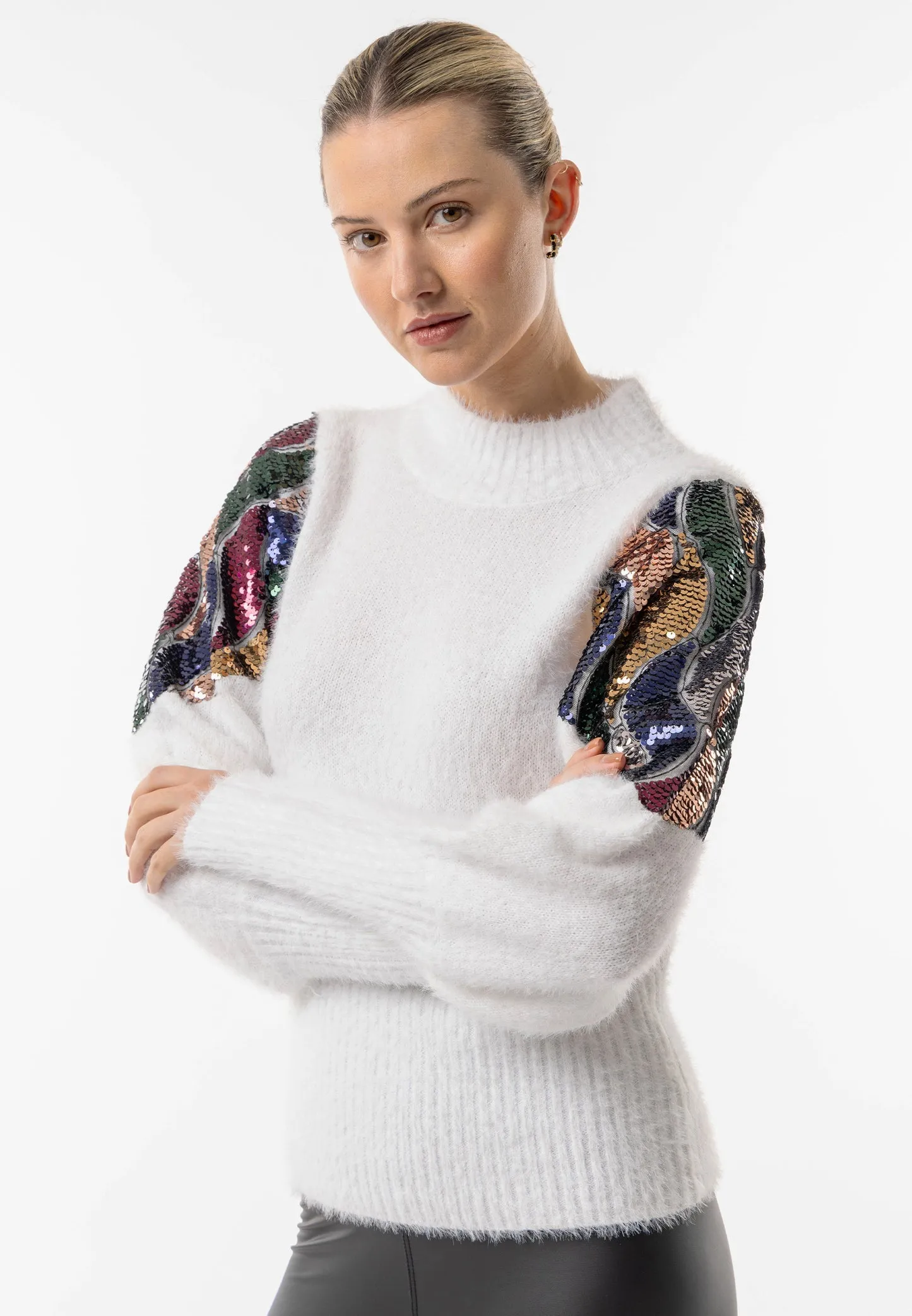 Angeleye Mock Neck White Knit Jumper With Sequin Shoulder