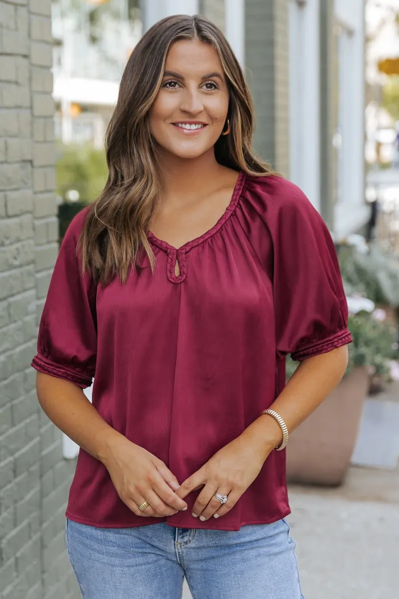 Be Seeing You Puff Sleeve Satin Top - Wine - FINAL SALE