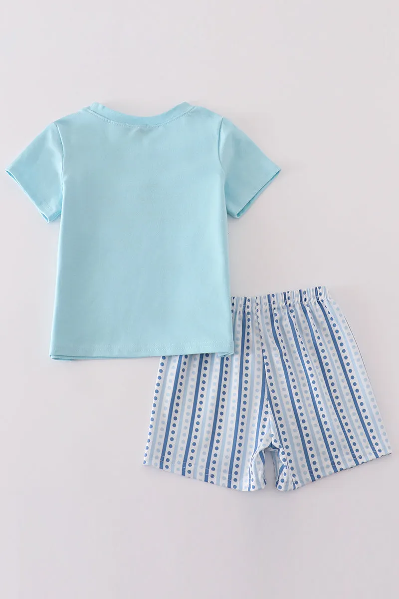 Blue whale embroidery boy set