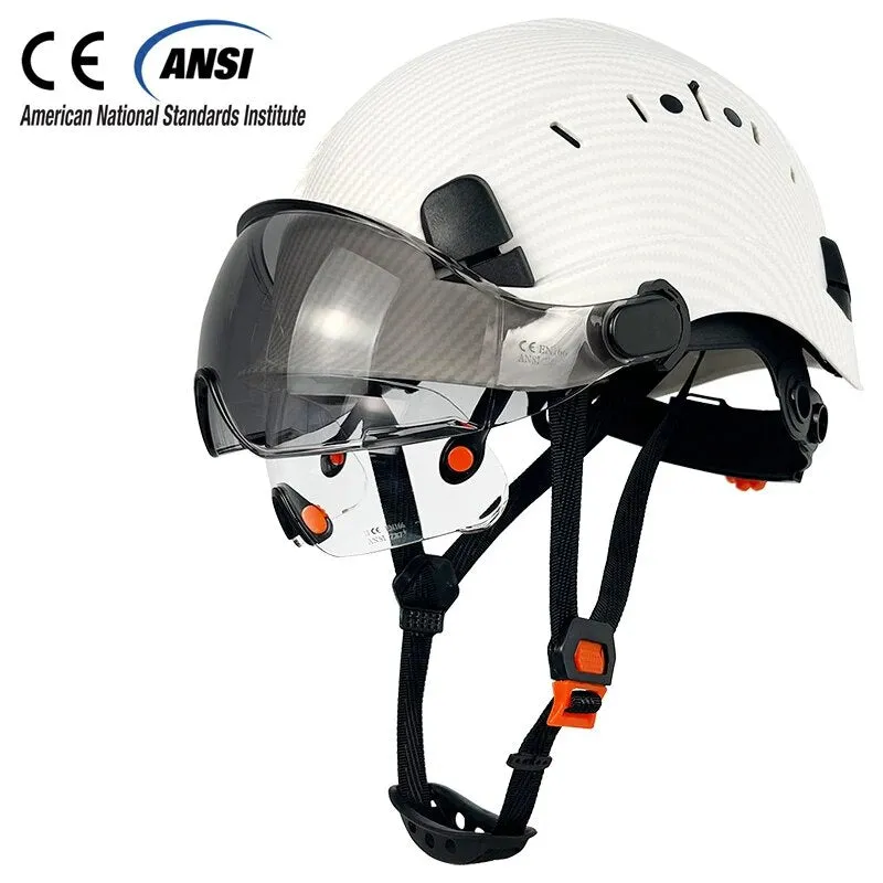 CE Carbon Fiber Pattern Construction Safety Helmet With Build In Visor Goggles