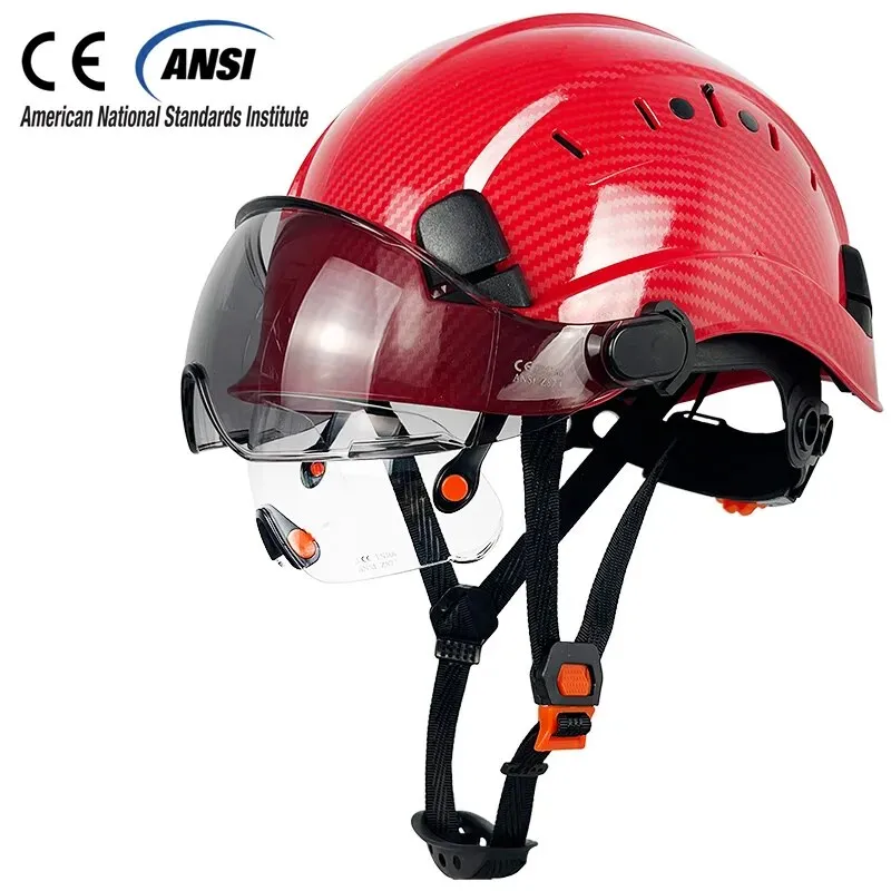 CE Carbon Fiber Pattern Construction Safety Helmet With Build In Visor Goggles