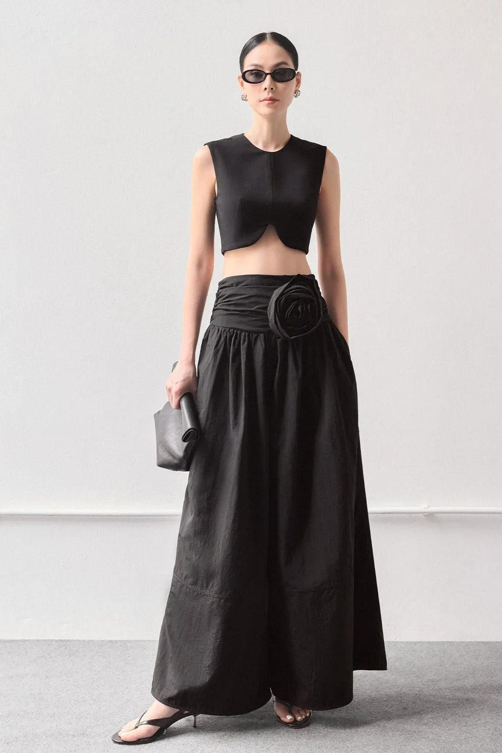 Crocus Drop Waist Flared Poplin Floor Length Pants