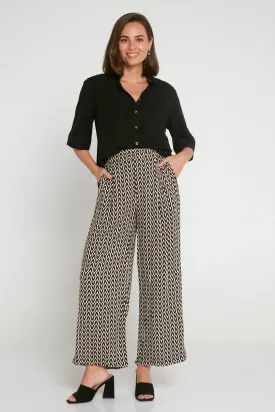 Daria Wide Leg Pants - Black/Beige Chevron