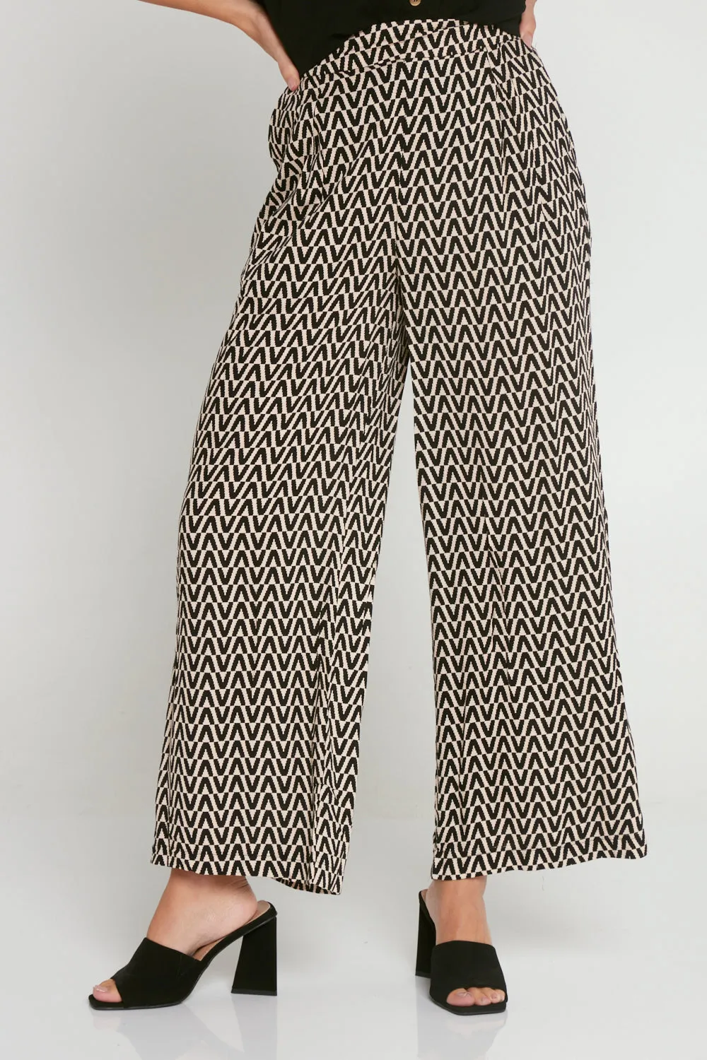 Daria Wide Leg Pants - Black/Beige Chevron