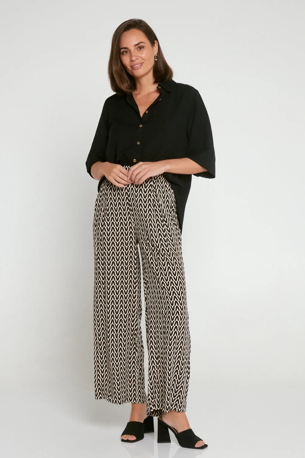 Daria Wide Leg Pants - Black/Beige Chevron