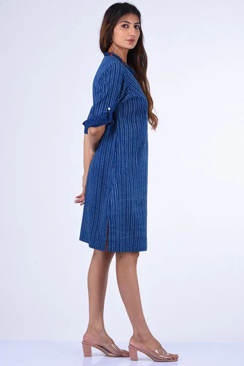 Dharan "Patang Shift Dress" Indigo Block Printed Dress