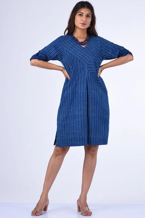 Dharan "Patang Shift Dress" Indigo Block Printed Dress