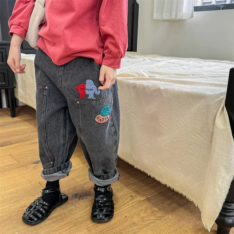 Kids Cartoon Patched Denim Pants