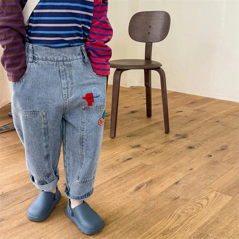 Kids Cartoon Patched Denim Pants