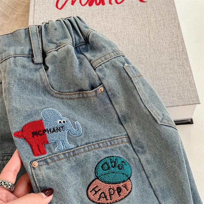 Kids Cartoon Patched Denim Pants