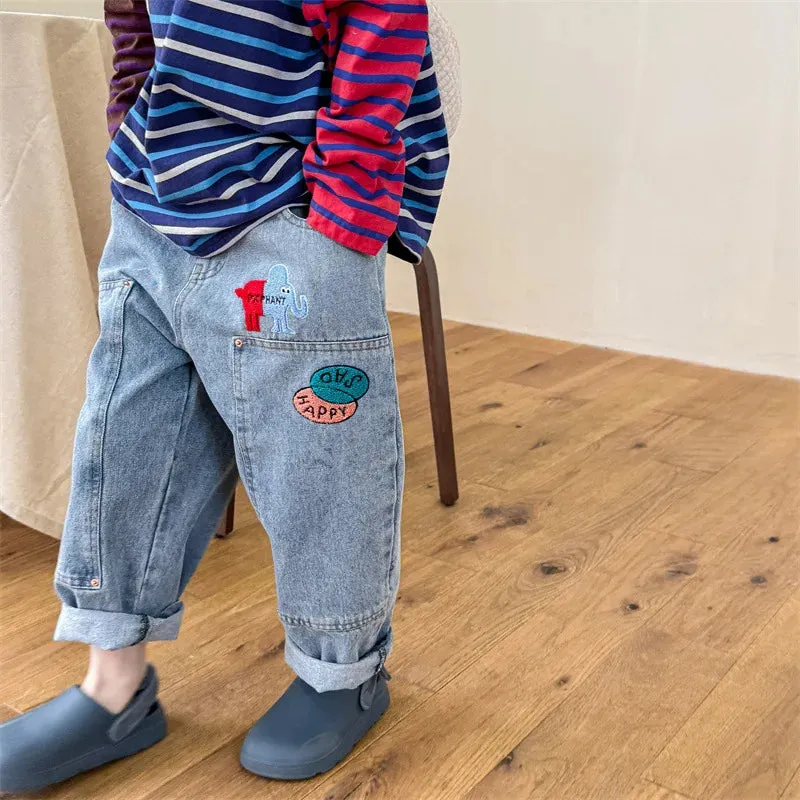 Kids Cartoon Patched Denim Pants