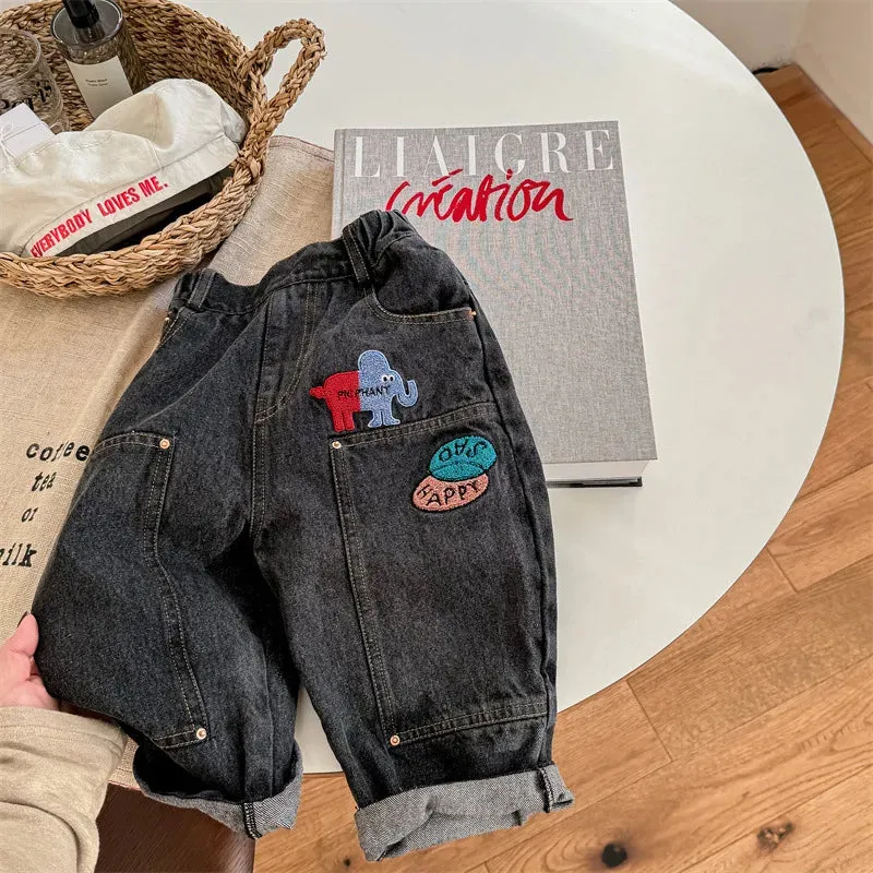 Kids Cartoon Patched Denim Pants