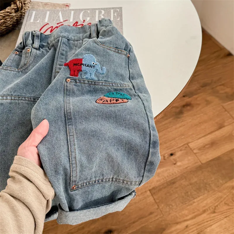 Kids Cartoon Patched Denim Pants