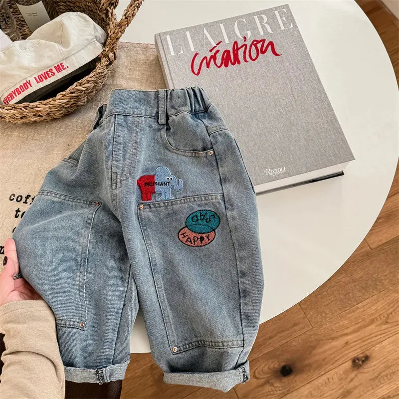 Kids Cartoon Patched Denim Pants