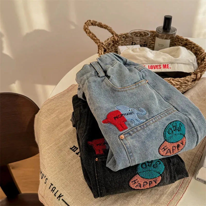 Kids Cartoon Patched Denim Pants