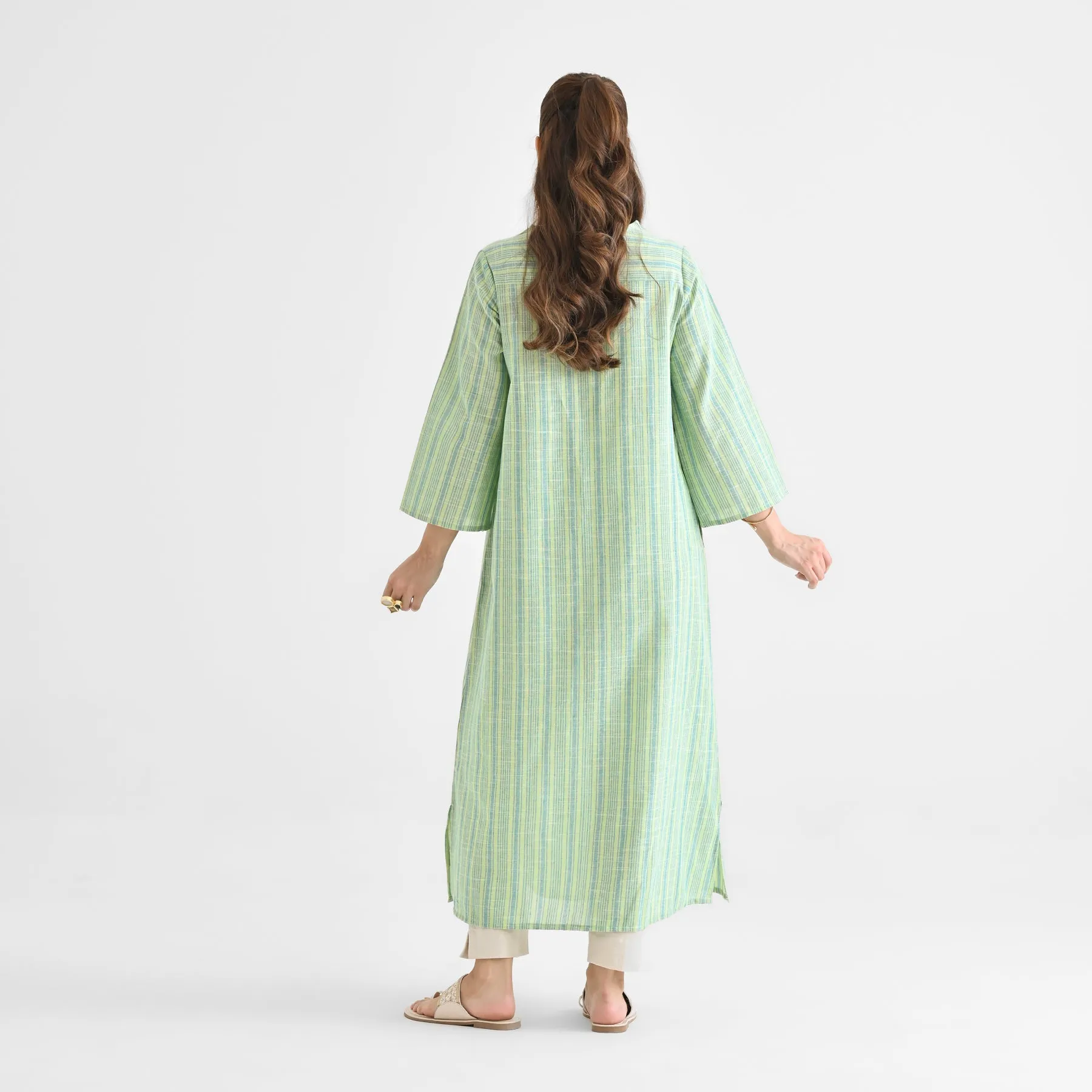 Lime Green Woven Stripe Cotton Kurta With Overlap Neckline & Piping Detail