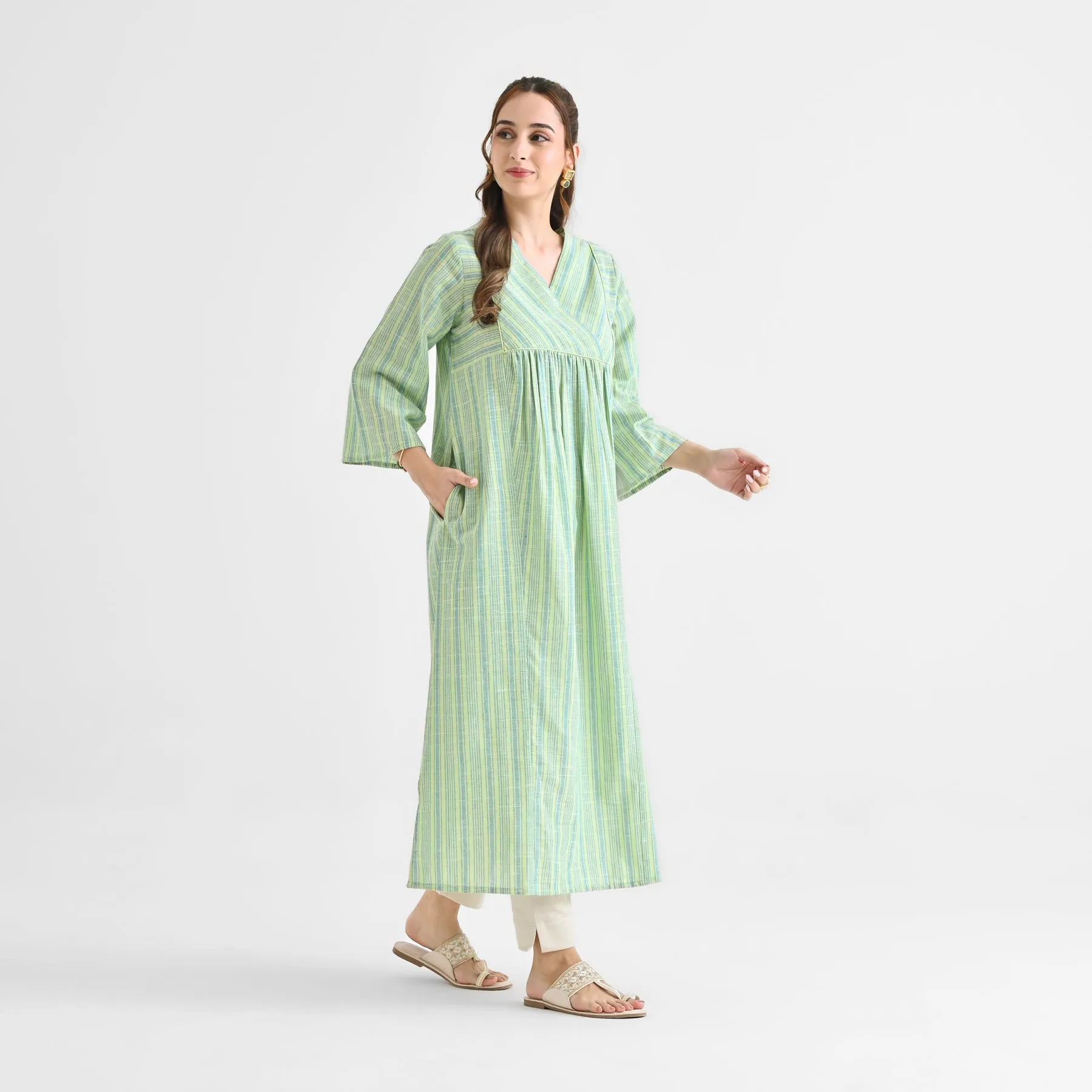 Lime Green Woven Stripe Cotton Kurta With Overlap Neckline & Piping Detail