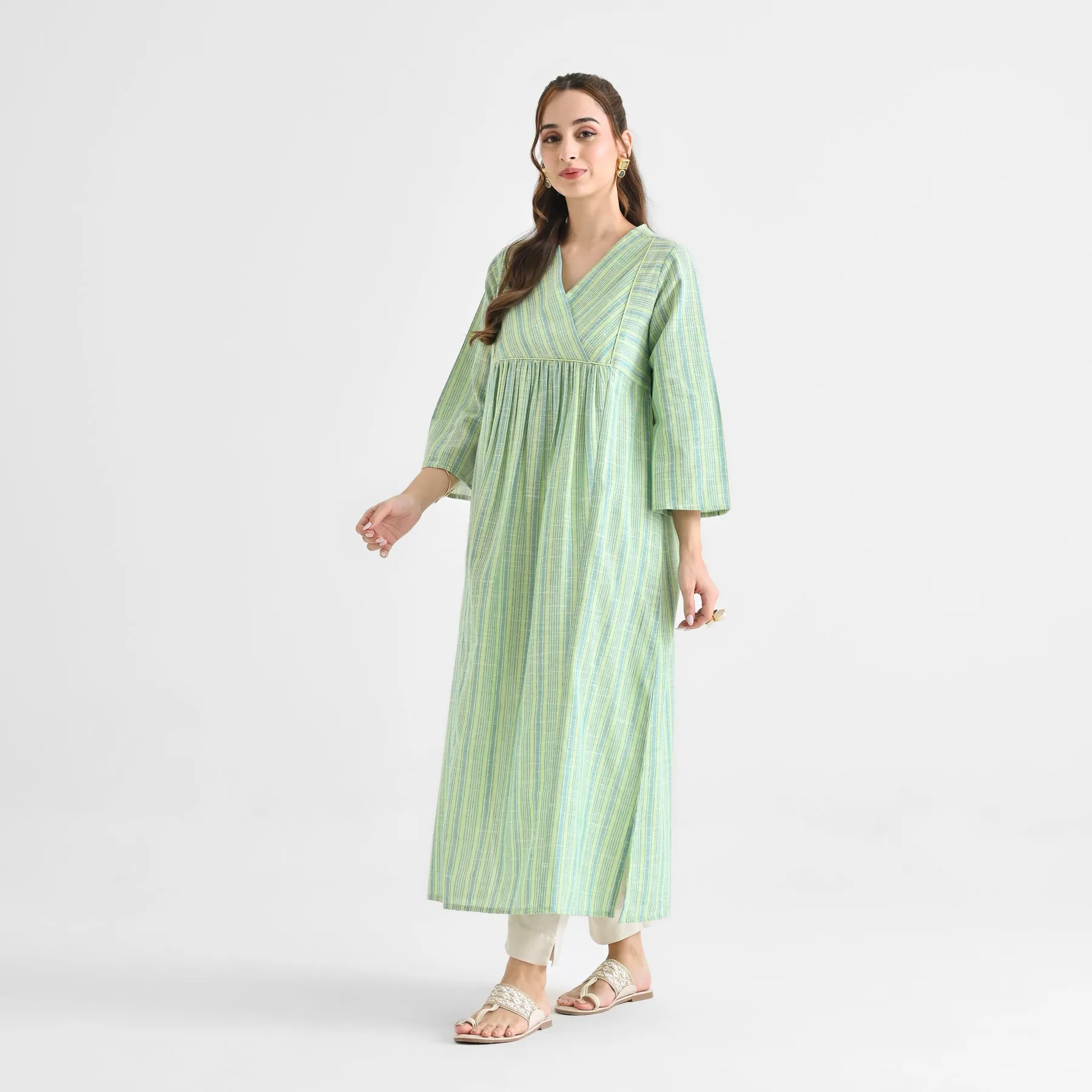 Lime Green Woven Stripe Cotton Kurta With Overlap Neckline & Piping Detail