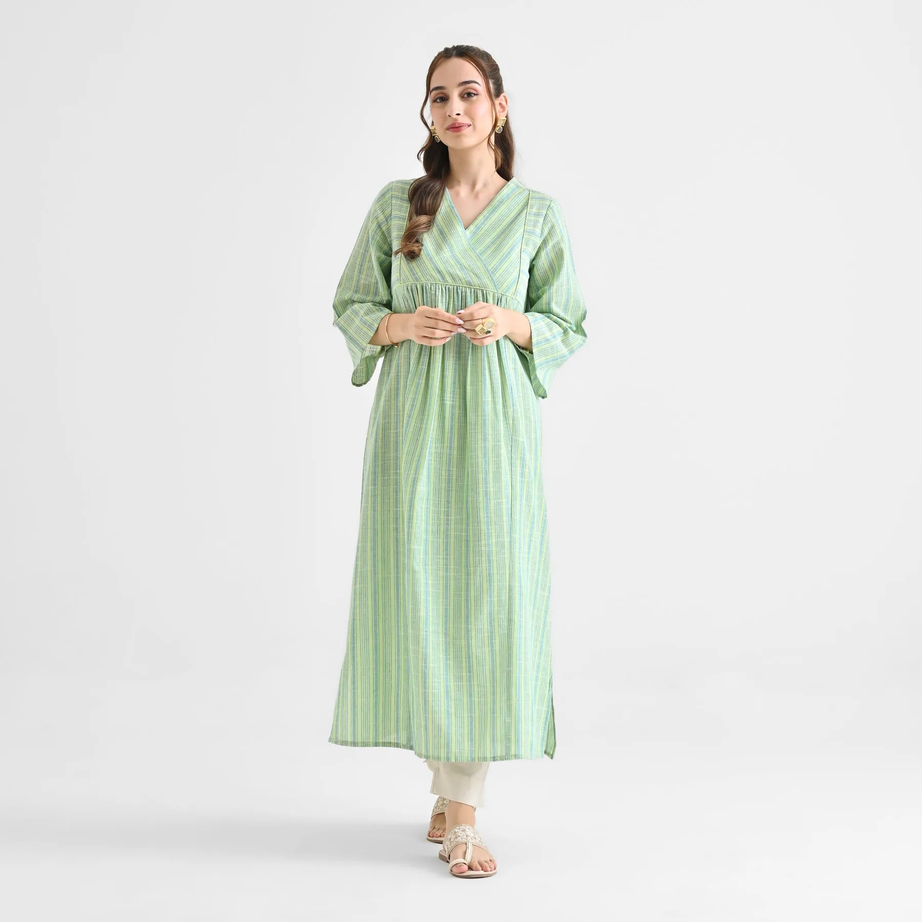 Lime Green Woven Stripe Cotton Kurta With Overlap Neckline & Piping Detail