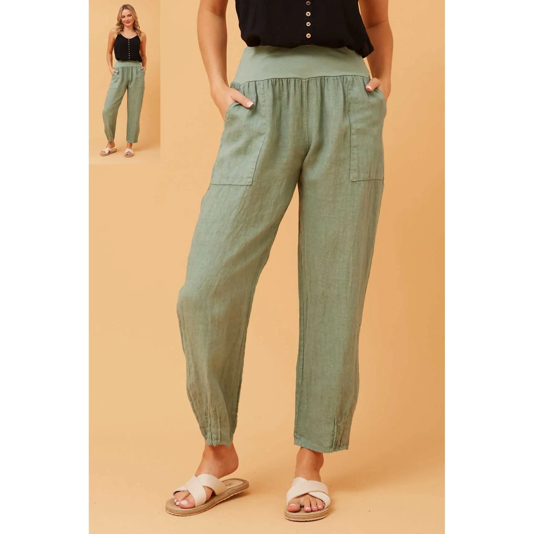 Linen Pull-On Pants - Sage