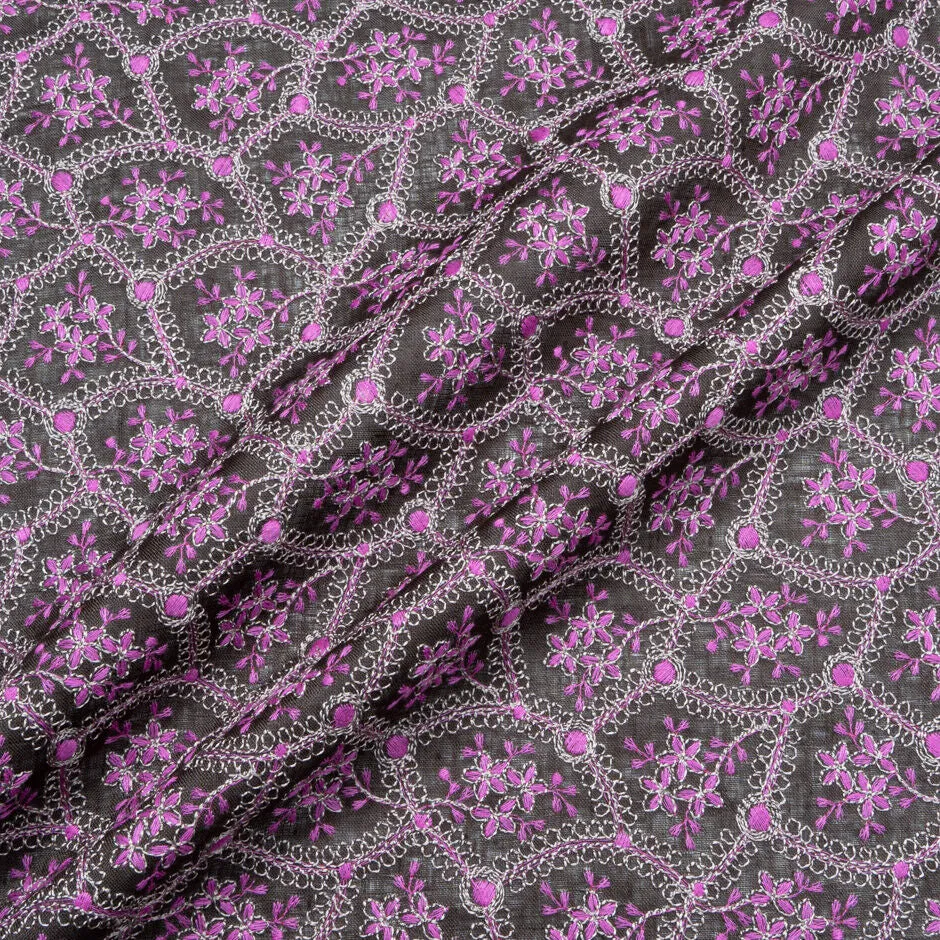 Magenta Pink Floral Embroidered Dark Brown Linen