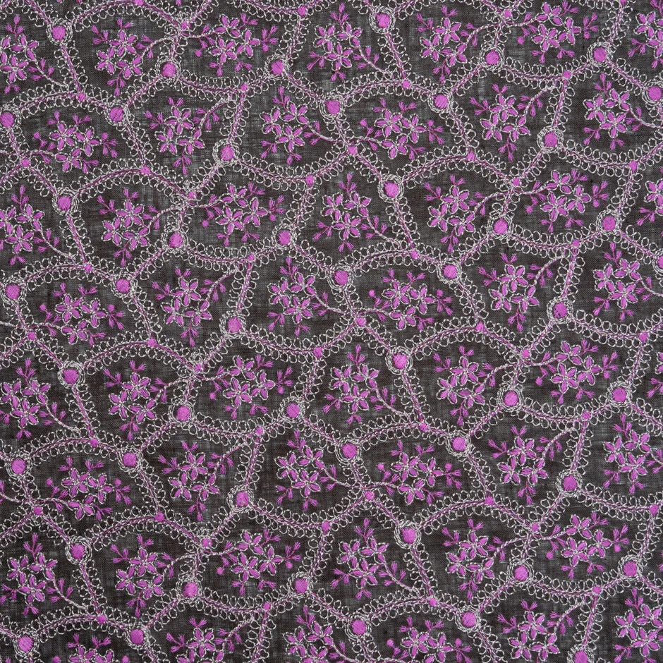 Magenta Pink Floral Embroidered Dark Brown Linen