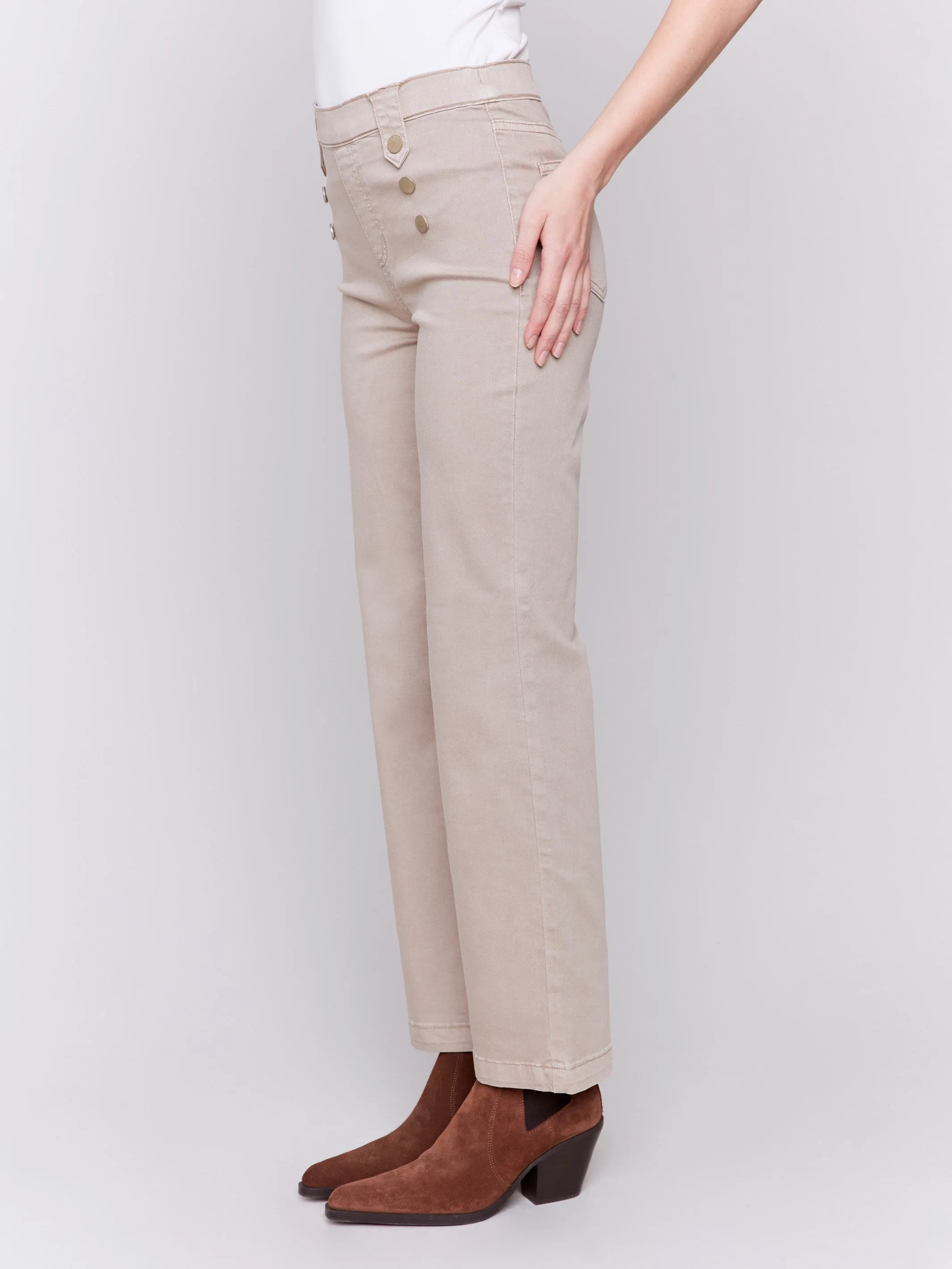 Pull-On Flare Twill Pants with Front Buttons - Almond