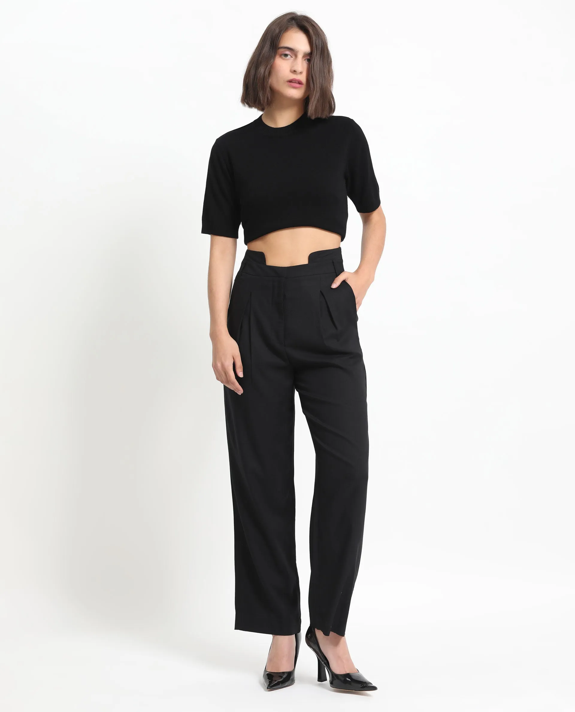 Rareism Women Atgan Black Polyester Fabric Zip Closure Tailored Fit Plain Ankle Length Trousers