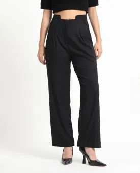 Rareism Women Atgan Black Polyester Fabric Zip Closure Tailored Fit Plain Ankle Length Trousers