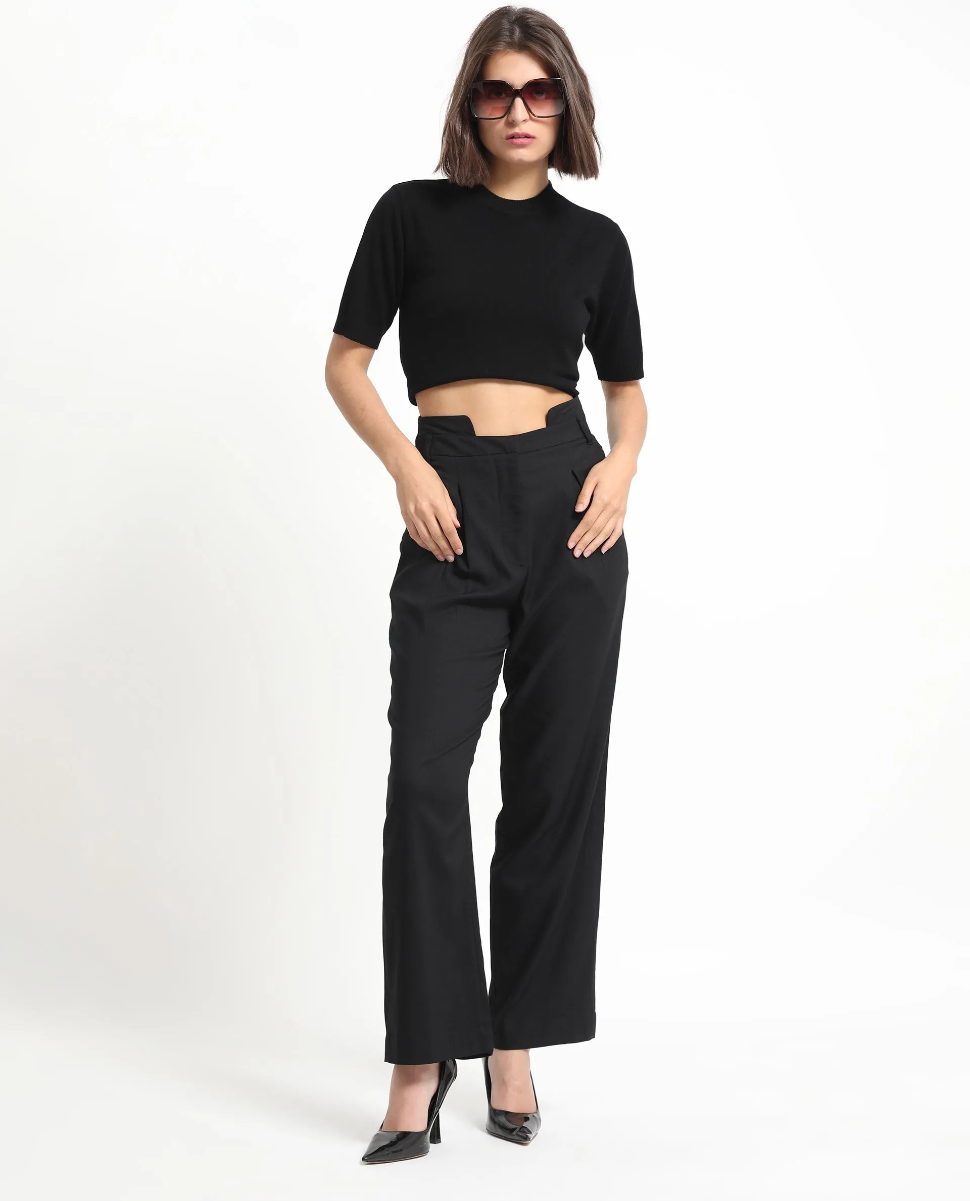 Rareism Women Atgan Black Polyester Fabric Zip Closure Tailored Fit Plain Ankle Length Trousers