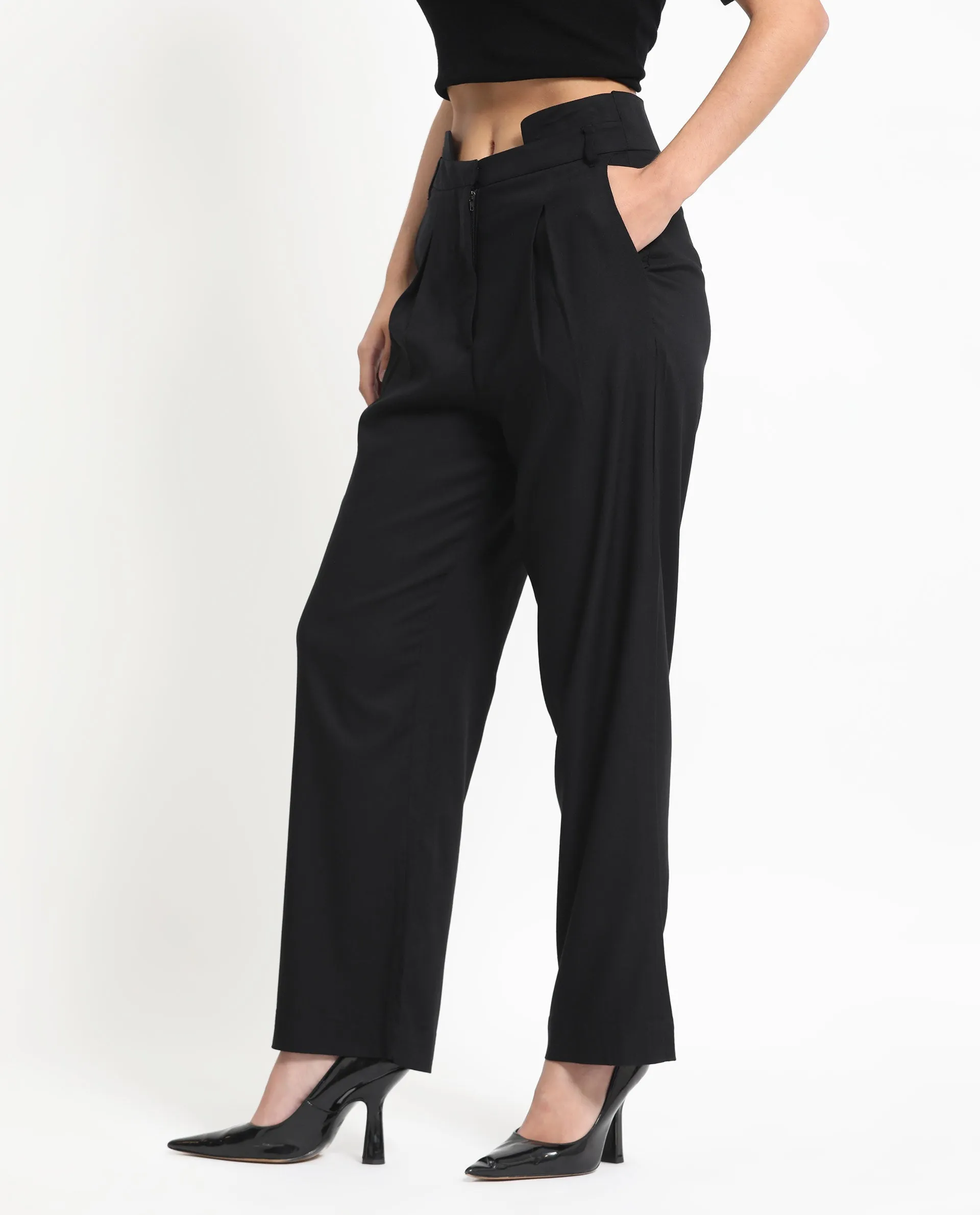 Rareism Women Atgan Black Polyester Fabric Zip Closure Tailored Fit Plain Ankle Length Trousers