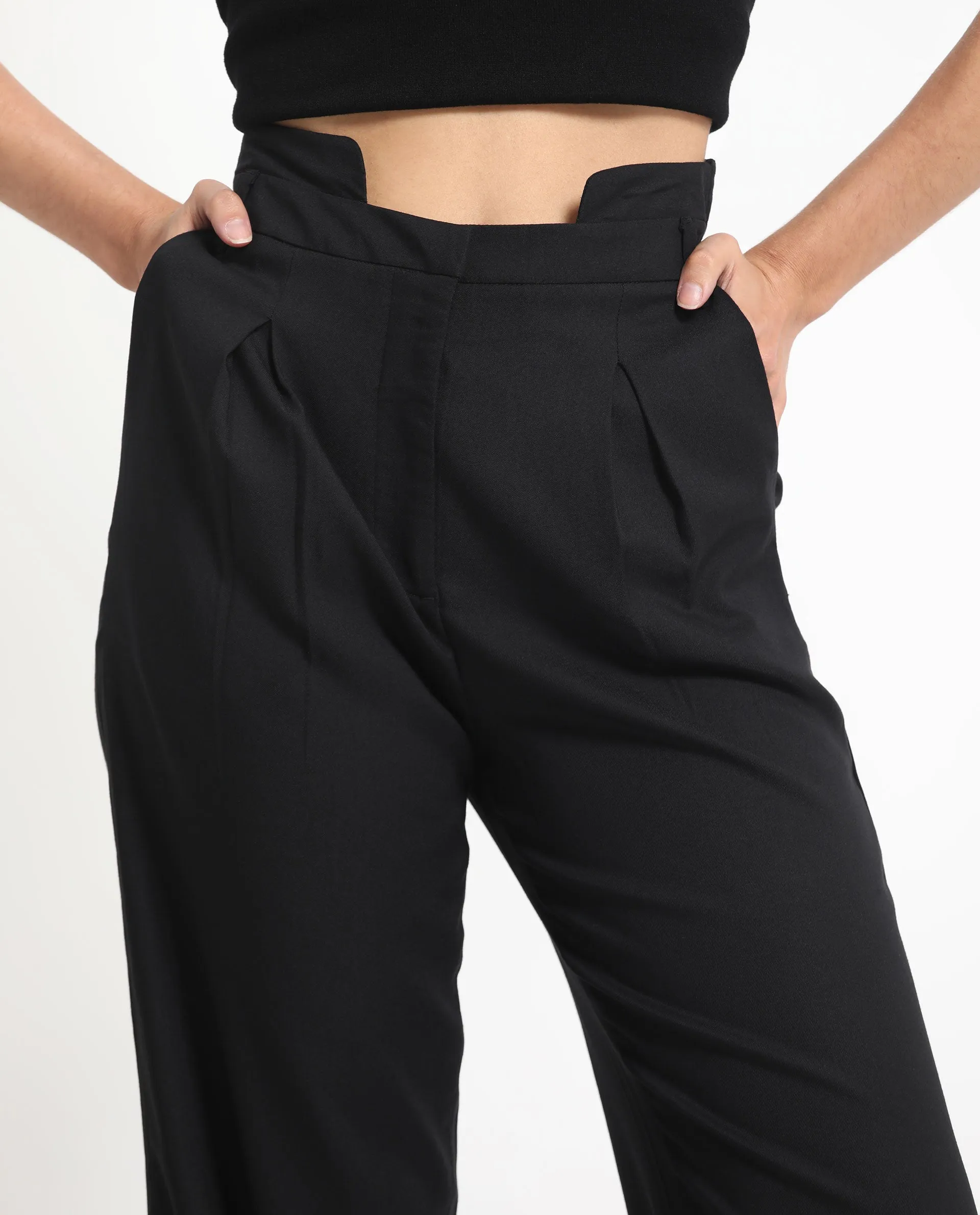 Rareism Women Atgan Black Polyester Fabric Zip Closure Tailored Fit Plain Ankle Length Trousers