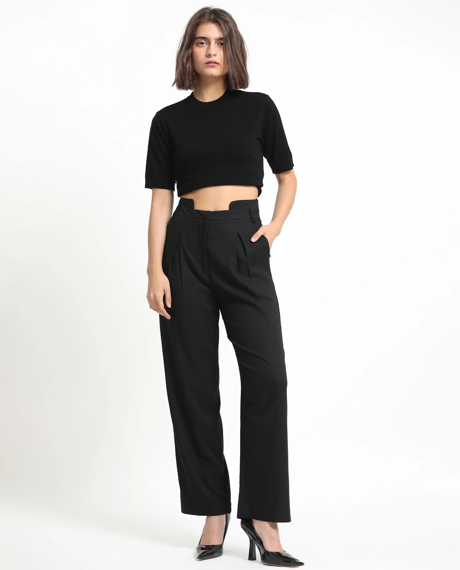 Rareism Women Atgan Black Polyester Fabric Zip Closure Tailored Fit Plain Ankle Length Trousers