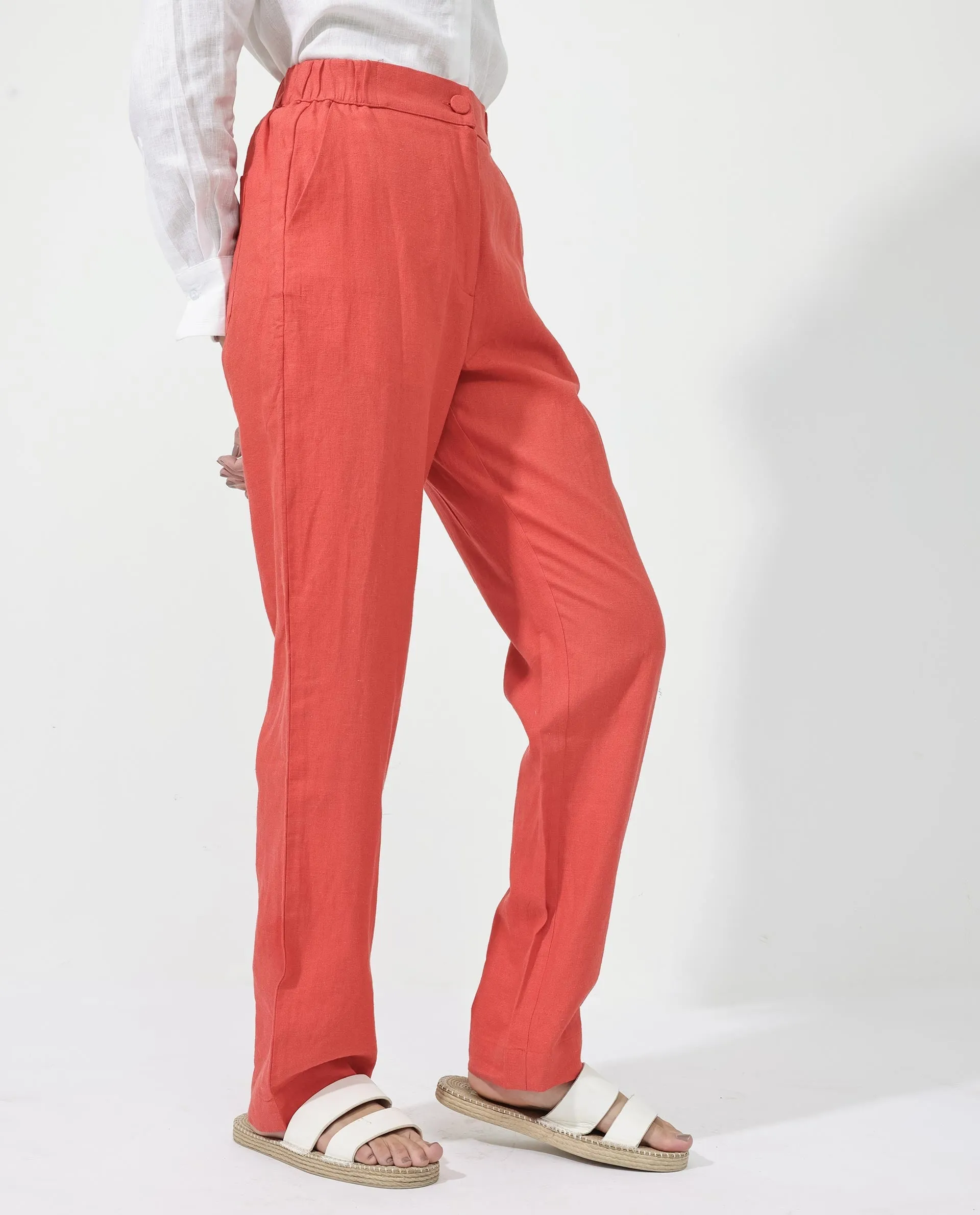 Rareism Women Costa-B Pastel Rust Cotton Linen Fabric Button Closure Regular Fit Plain Ankle Length Tapered Trousers