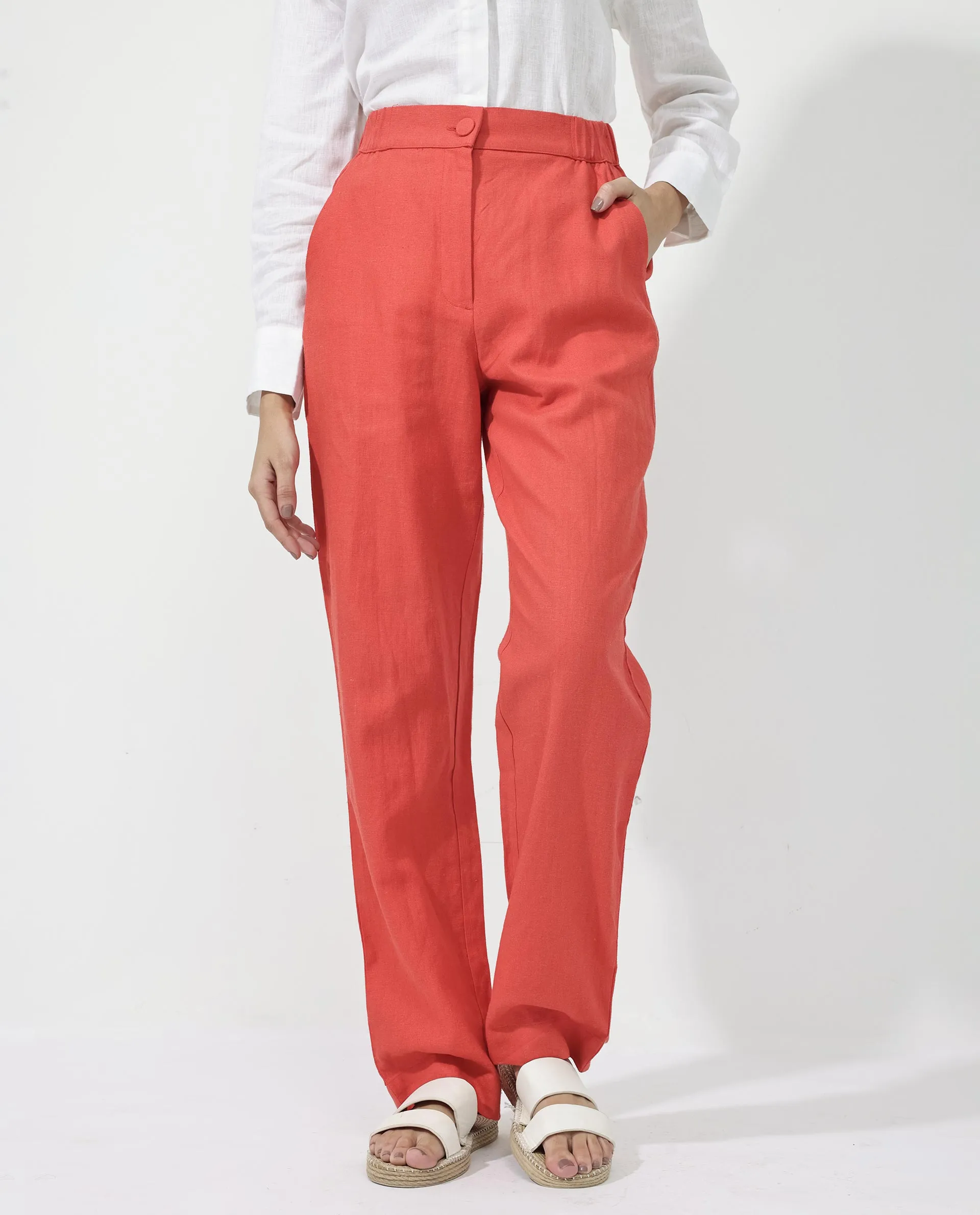 Rareism Women Costa-B Pastel Rust Cotton Linen Fabric Button Closure Regular Fit Plain Ankle Length Tapered Trousers