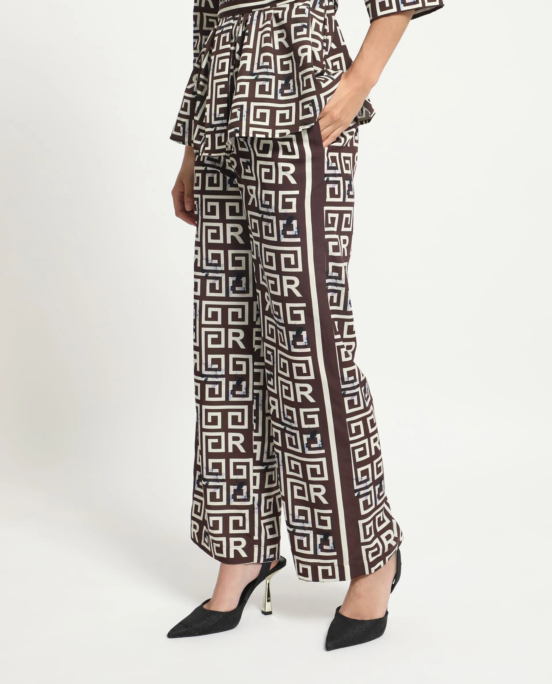 Rareism Women Wood Brown Polyester Fabric Drawstring Closure Regular Fit Geometric Print Ankle Length Trousers