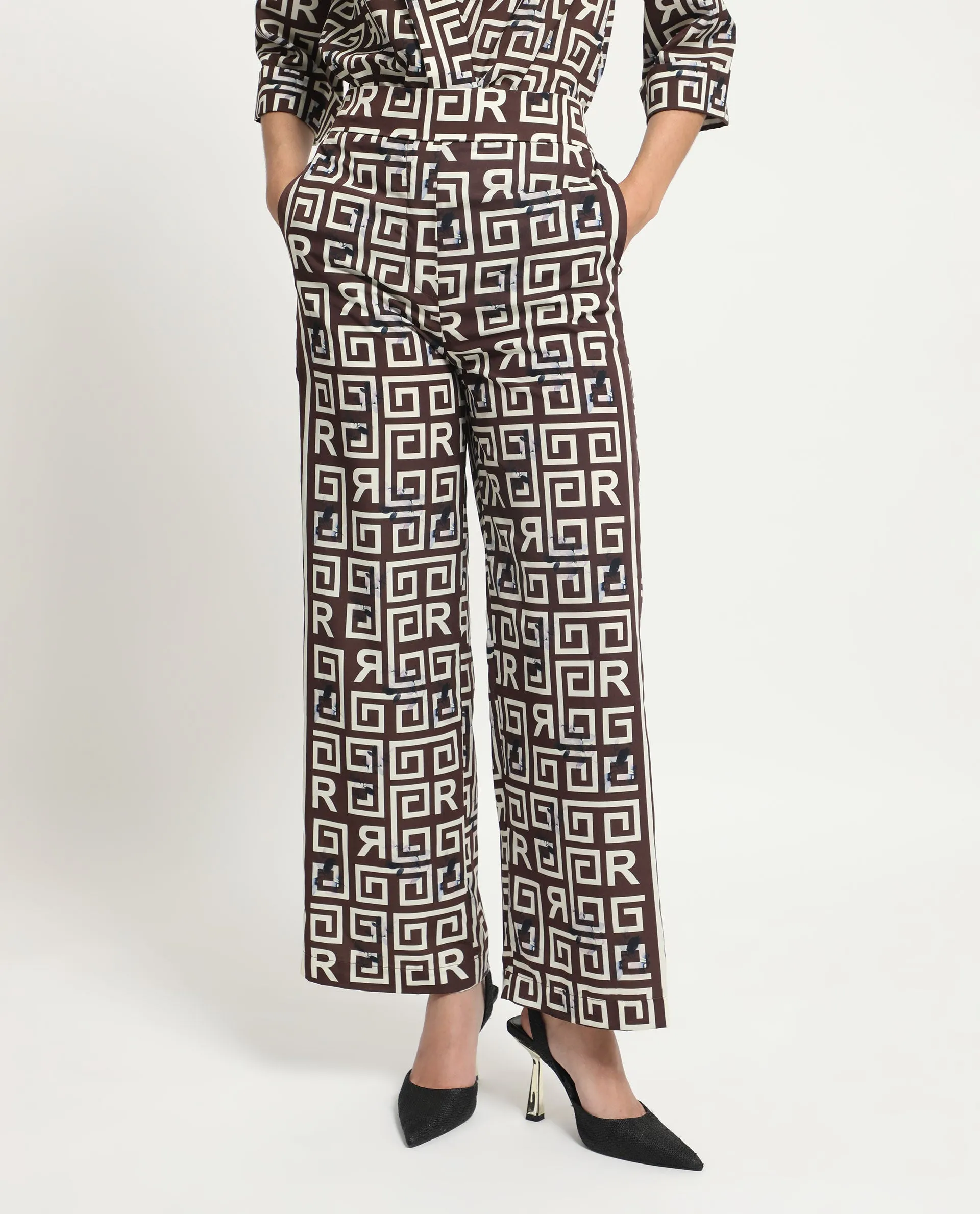 Rareism Women Wood Brown Polyester Fabric Drawstring Closure Regular Fit Geometric Print Ankle Length Trousers