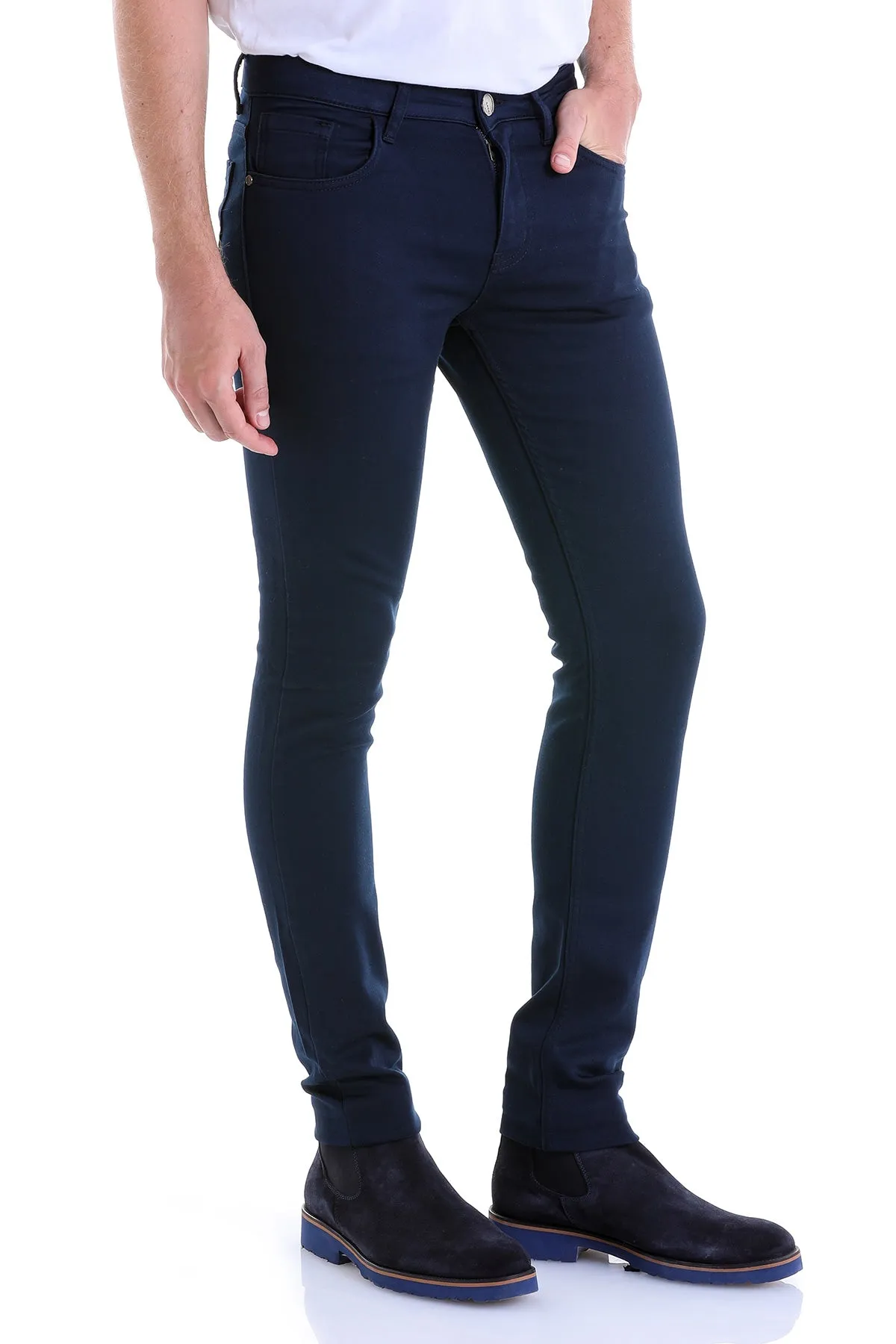 Slim Fit Navy 5 Pocket Low Waist Cotton Casual Pants