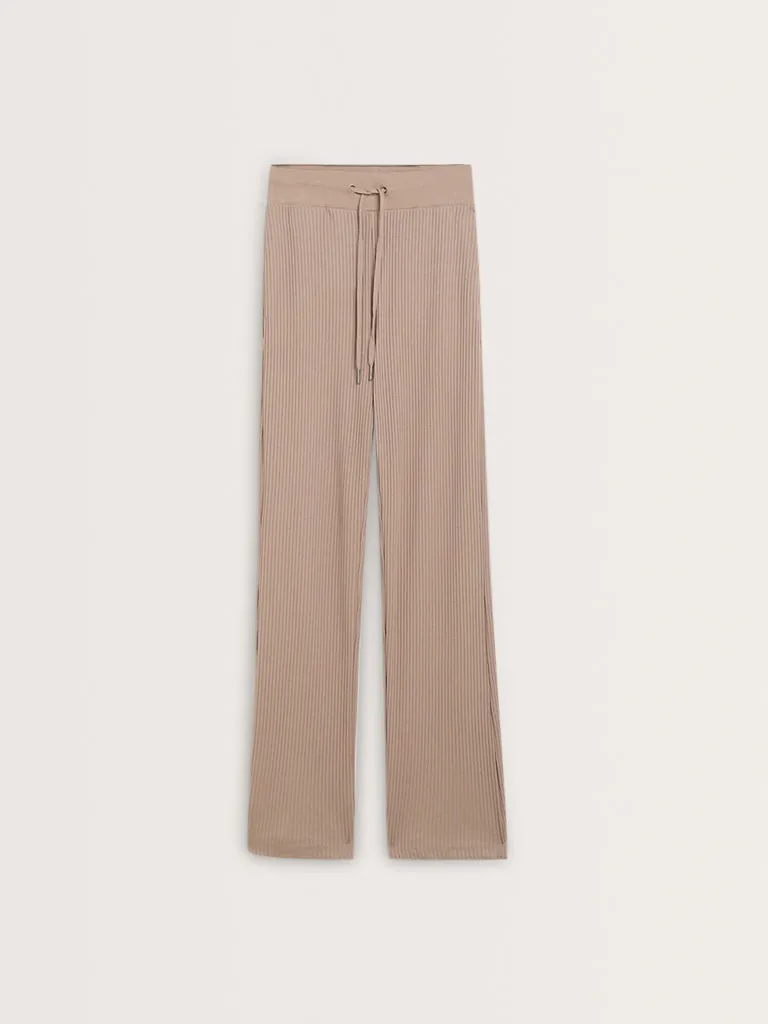 Studiofit Beige Ribbed-Textured High-Rise Track Pants