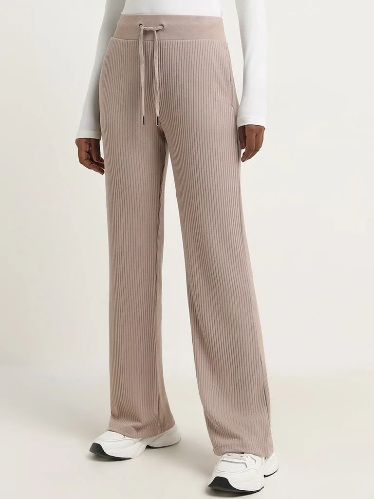 Studiofit Beige Ribbed-Textured High-Rise Track Pants