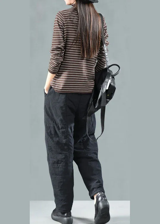 Stylish Black Pockets Linen Pants Winter