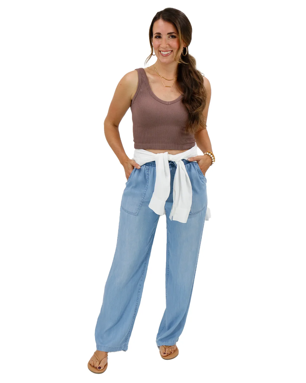 Tencel™ Lyocell Drawstring Wide Leg Pants in Chambray Wash