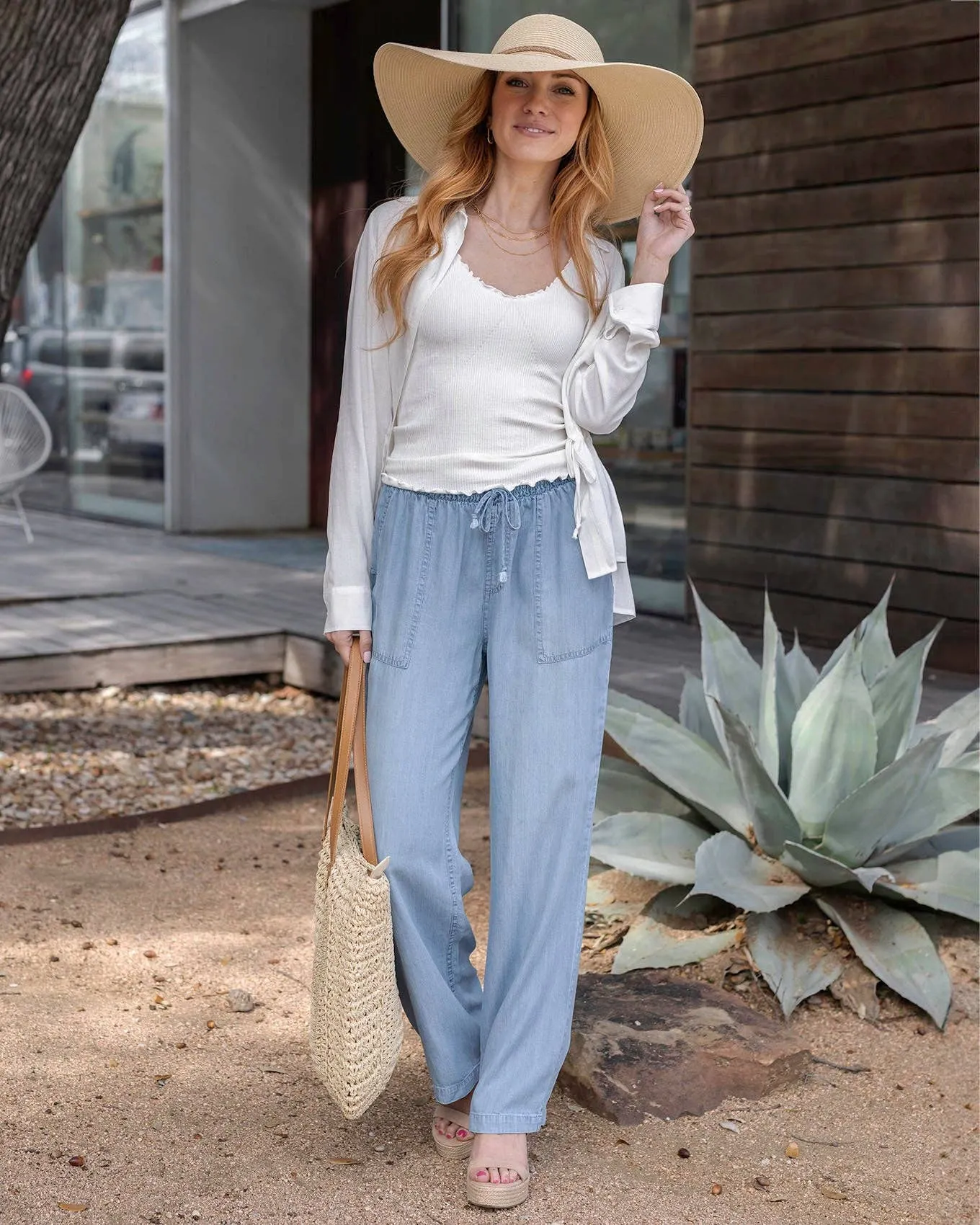 Tencel™ Lyocell Drawstring Wide Leg Pants in Chambray Wash