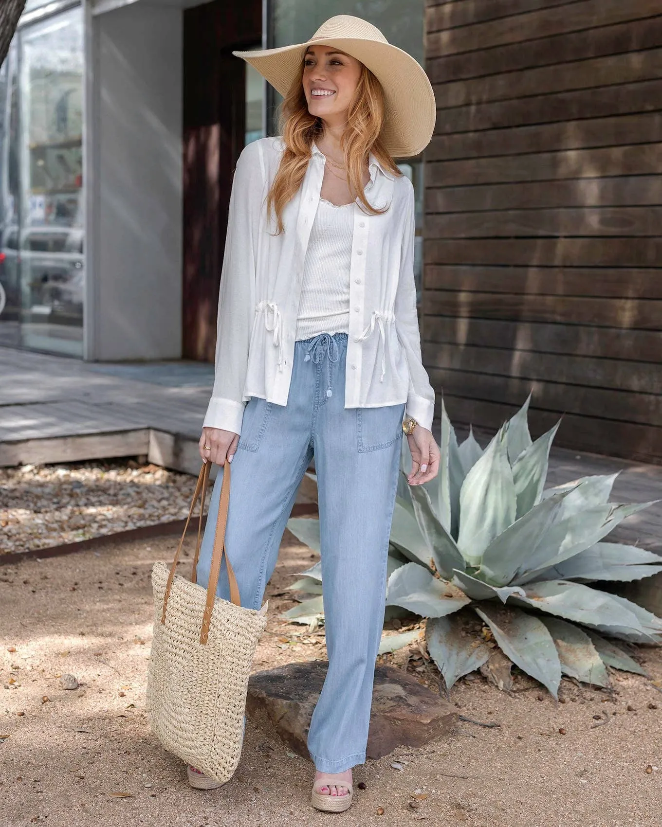 Tencel™ Lyocell Drawstring Wide Leg Pants in Chambray Wash