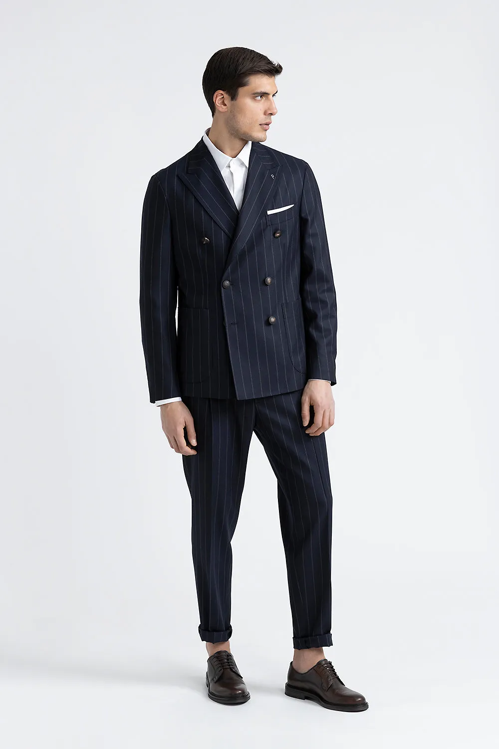 Unlined pinstripe wool classic trousers