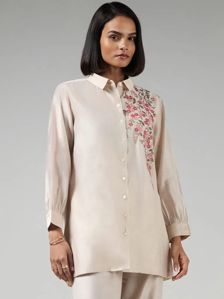 Vark Beige Floral Embroidered Kurti and Pants Set