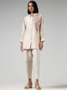 Vark Beige Floral Embroidered Kurti and Pants Set