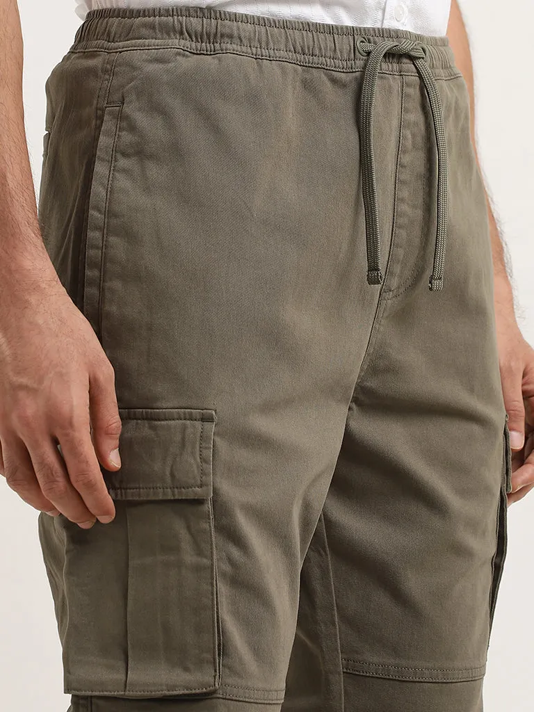 WES Casuals Olive Relaxed-Fit Cotton Blend Cargo Pants