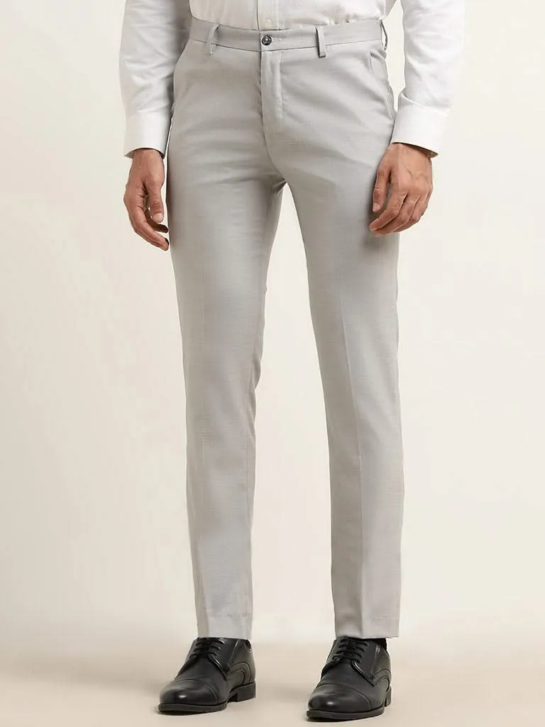 WES Formals Grey Ultra-Slim Fit Mid-Rise Cotton Blend Trousers